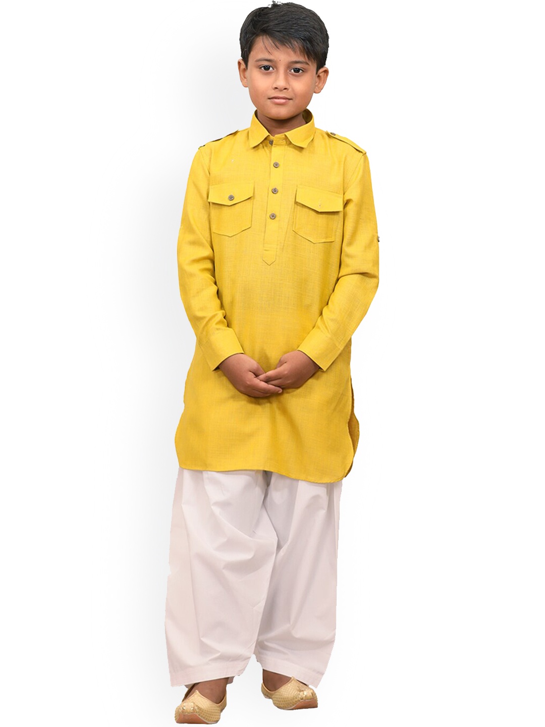 

Manyavar Boys Mustard Yellow Pathani Kurta with Dhoti Pants