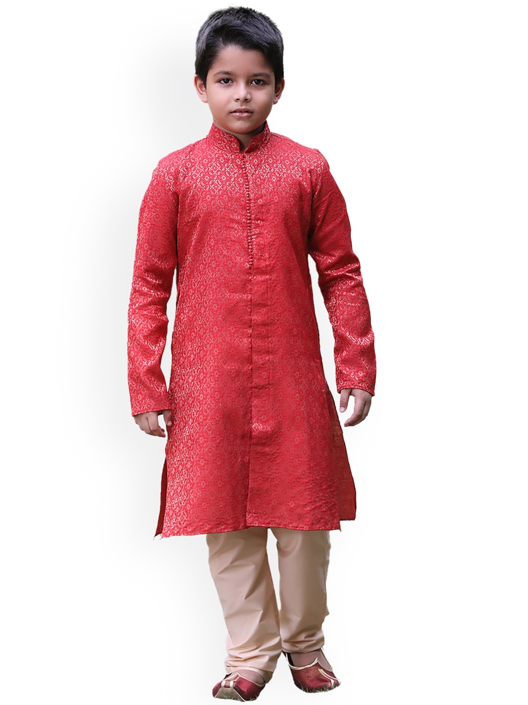 

Manyavar Boys Red Ethnic Motifs Kurta with Churidar