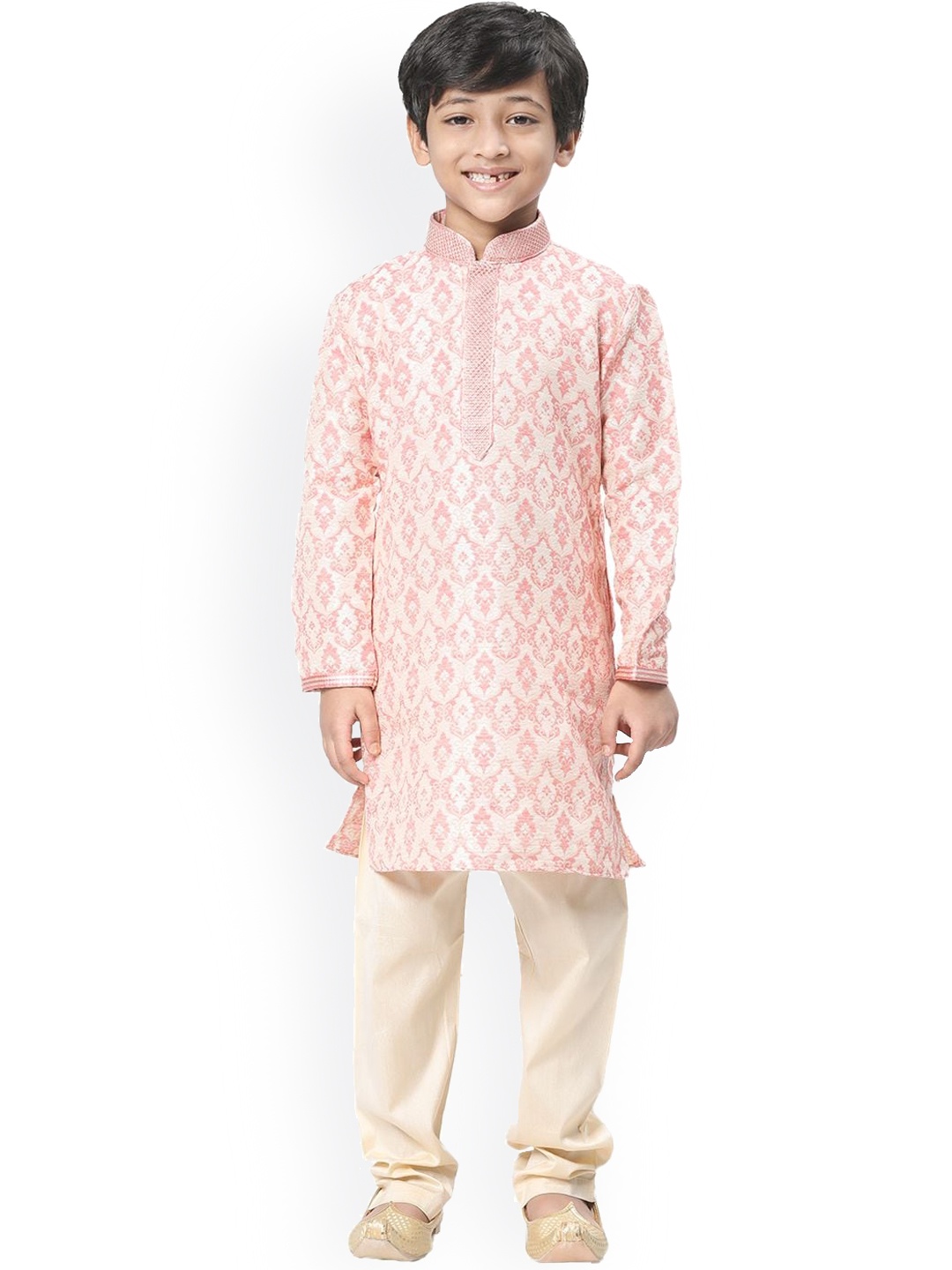 

Manyavar Boys Coral Pink & Off-White Ethnic Motifs Angrakha Kurta with Pyjamas