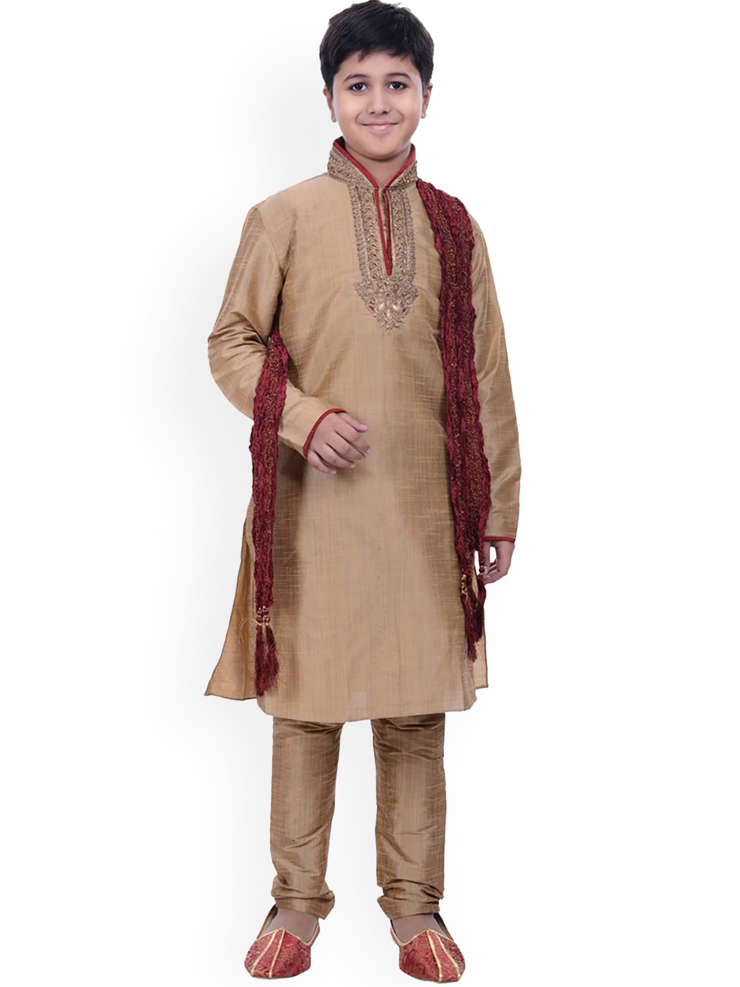 

Manyavar Boys Yoke Design Empire Kurta with Churidar, Cream