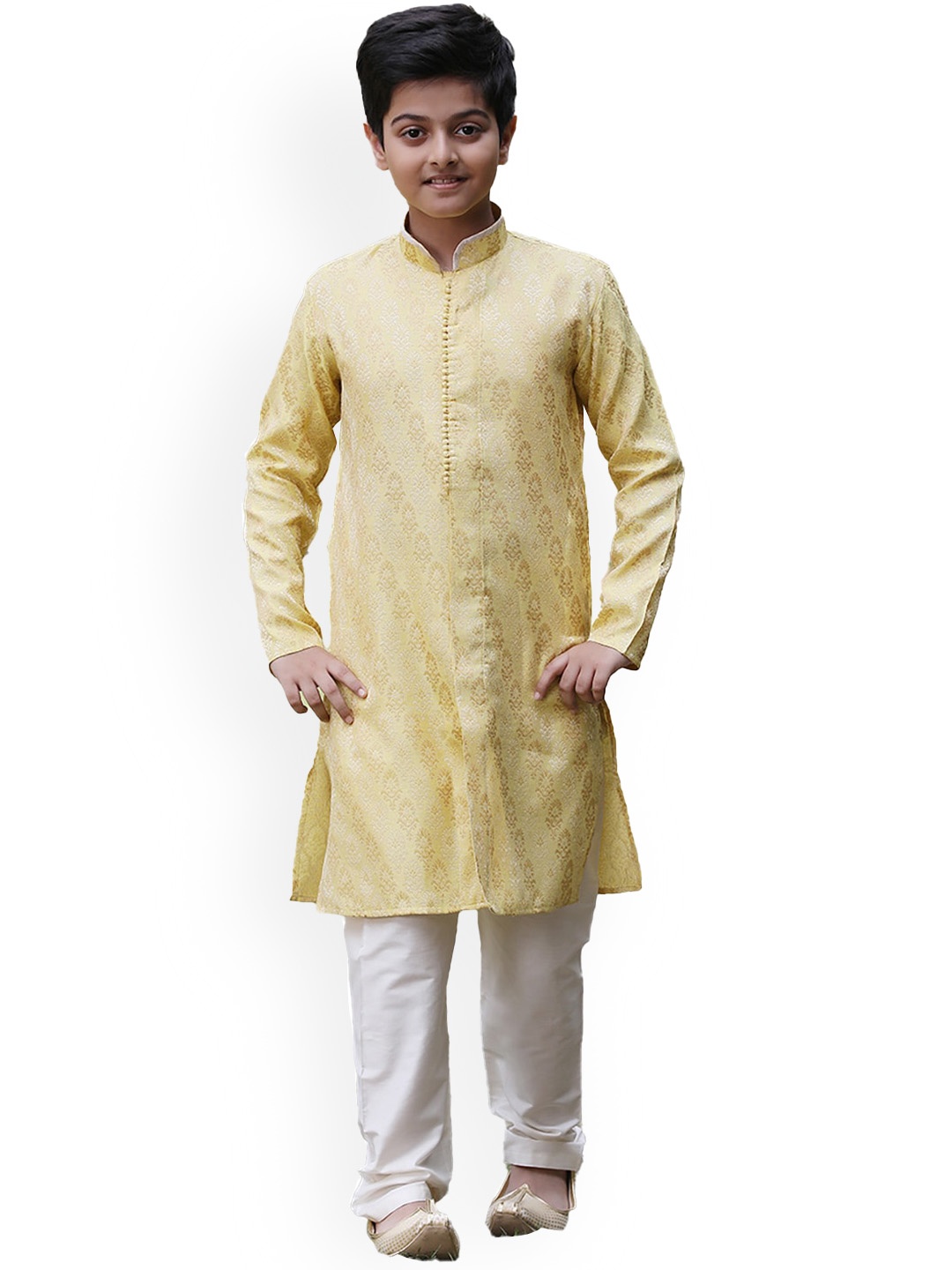 

Manyavar Boys Yellow & White Woven Design Kurta with Pyjamas