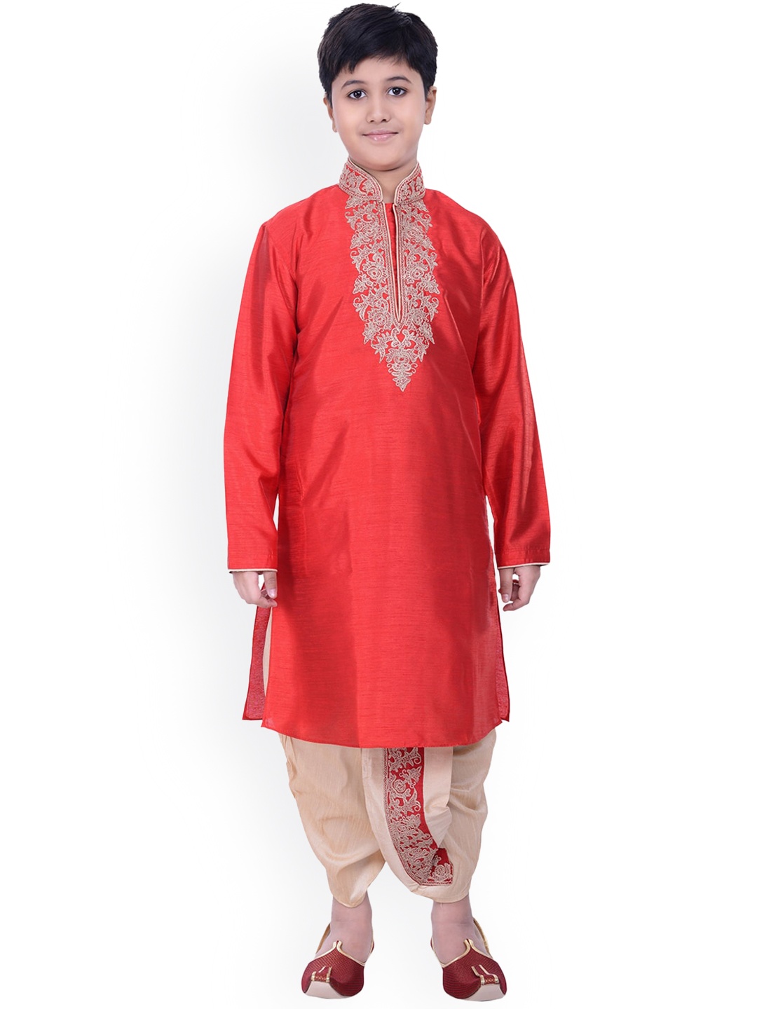 

Manyavar Boys Red Embroidered Kurta with Dhoti Pants