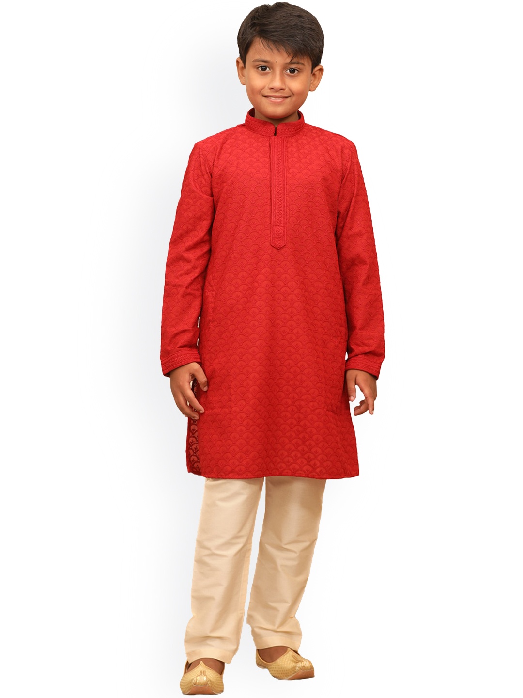 

Manyavar Boys Red Embroidered Cotton Blend Kurta Set