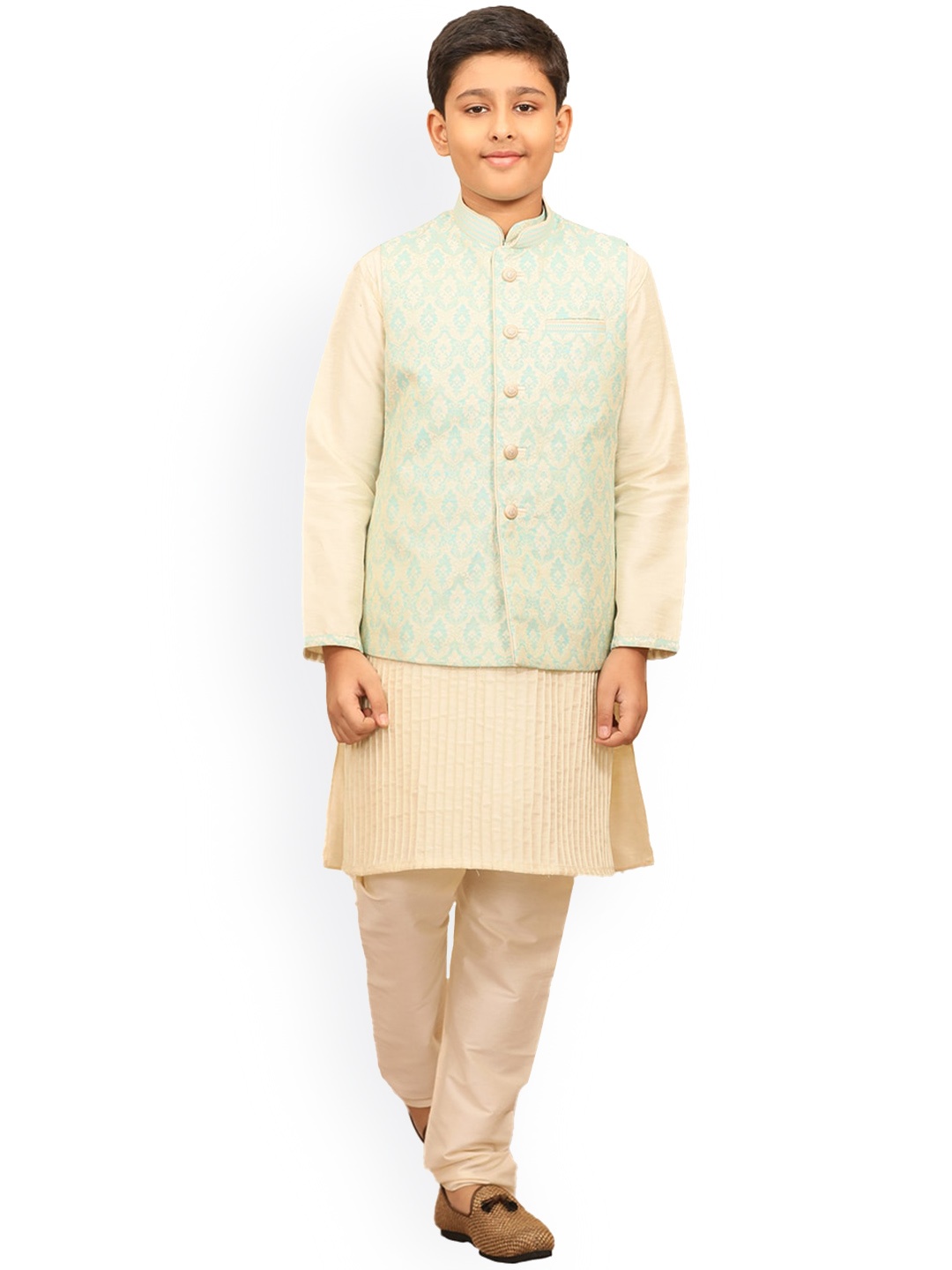 

Manyavar Boys Ethnic Motifs Layered Kurta with Churidar & Nehru Jacket, Beige