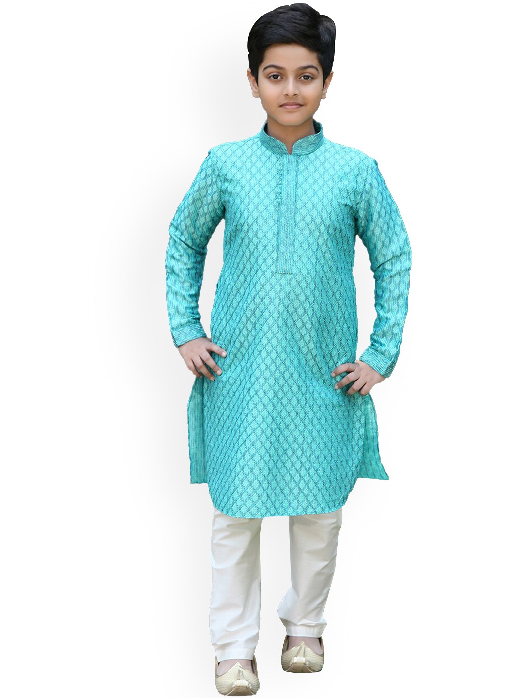 

Manyavar Boys Teal Blue Ethnic Motifs Jacquard Kurta with Pyjamas