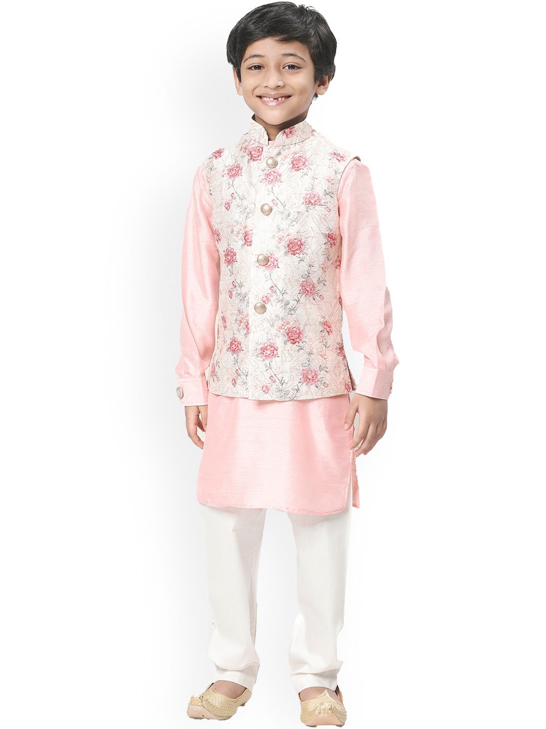 Manyavar Boys Kurta Set With Printed Nehru Jacket, Pink