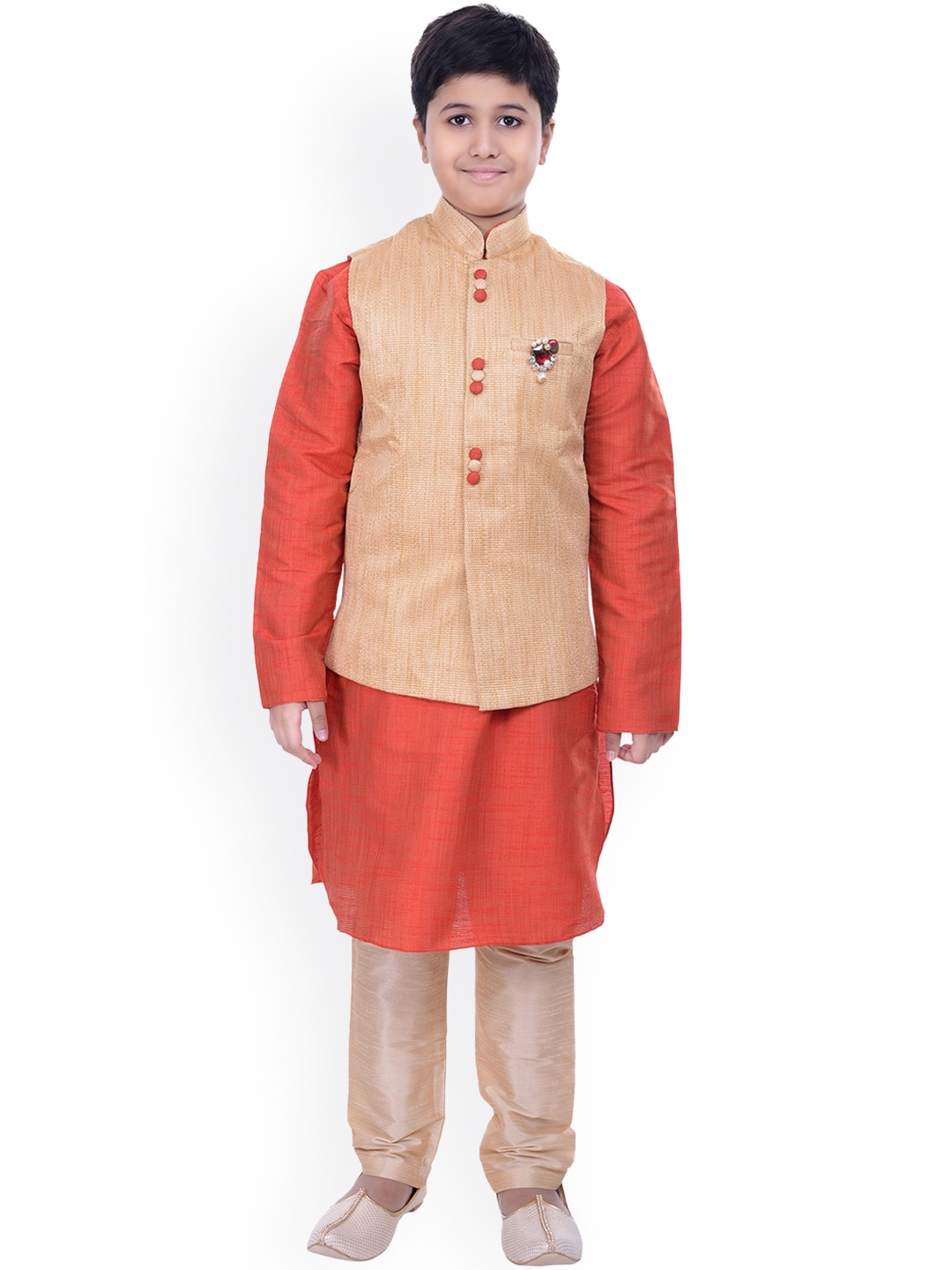 

Manyavar Boys Cream-Coloured & Orange Solid Silk Blend Kurta and Churidar & Nehru Jacket