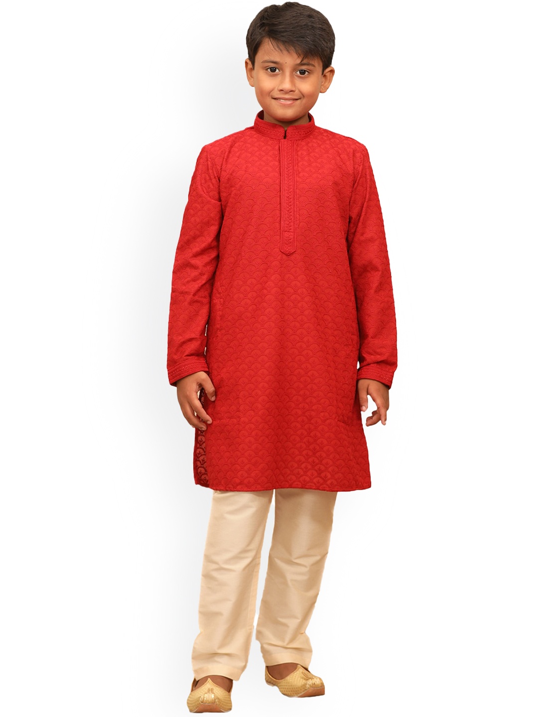 

Manyavar Boys Red Chikankari Embroidered Kurta with Pyjamas