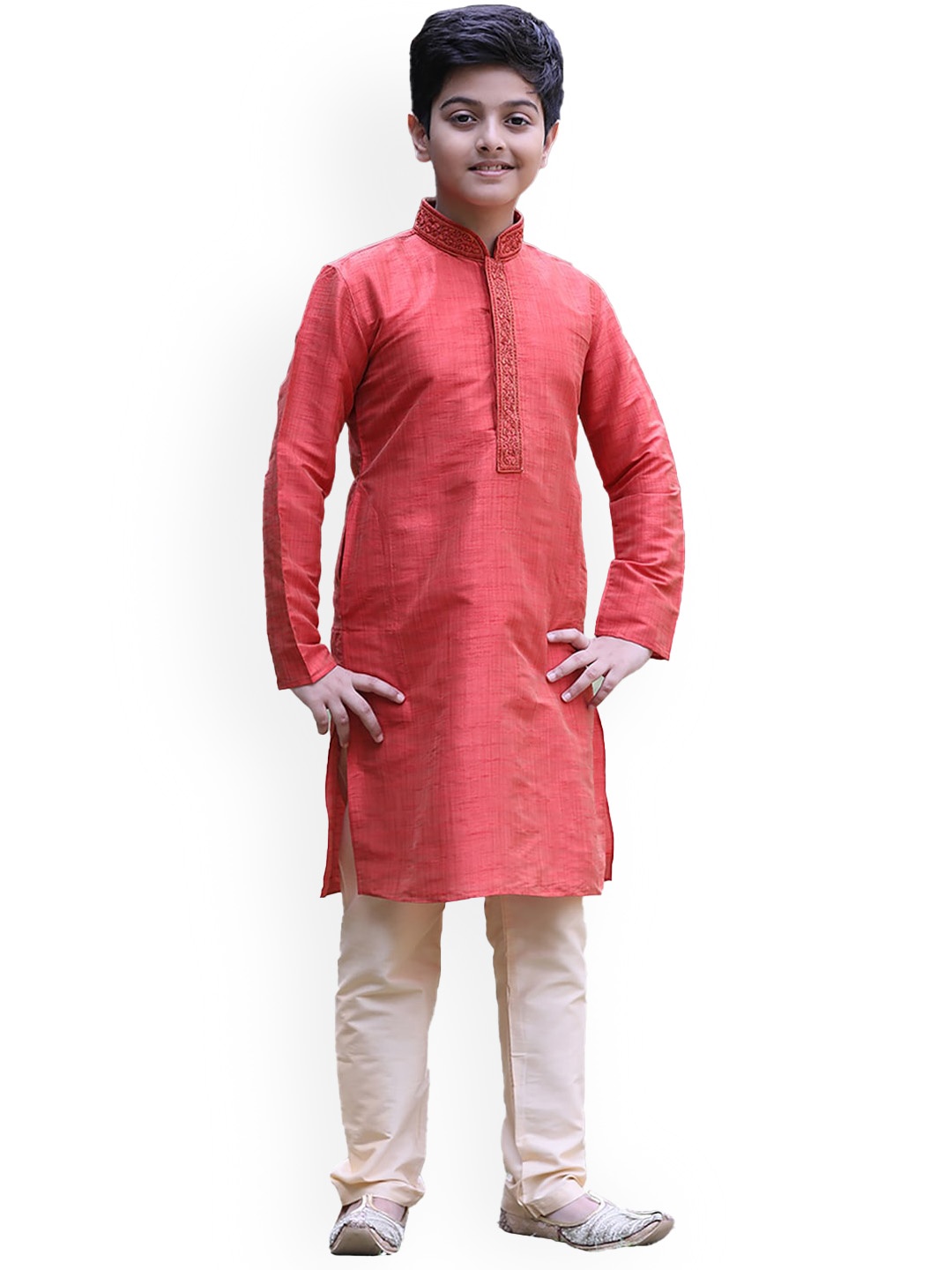 

Manyavar Boys Red & White Pleated Kurta with Pyjamas Set