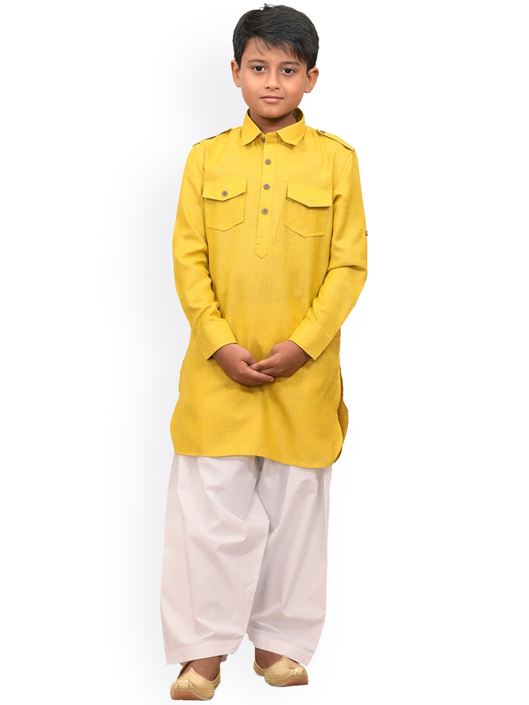 

Manyavar Boys Mustard Yellow Pathani Kurta with Dhoti Pants