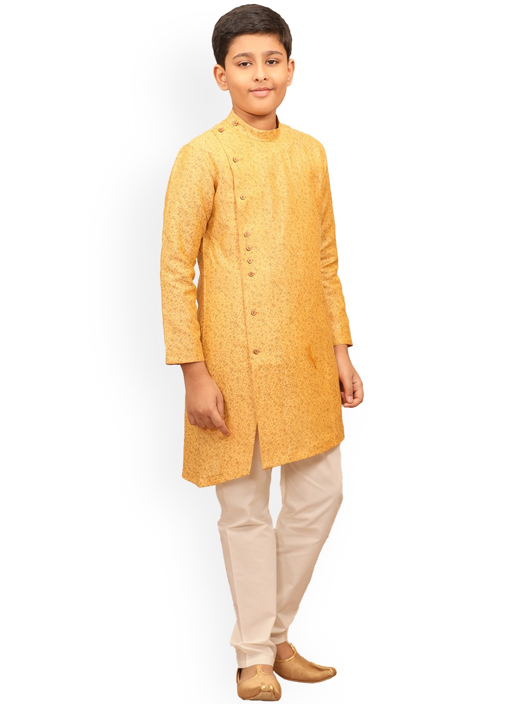 

Manyavar Boys Mustard Yellow Floral Angrakha Kurta with Pyjamas