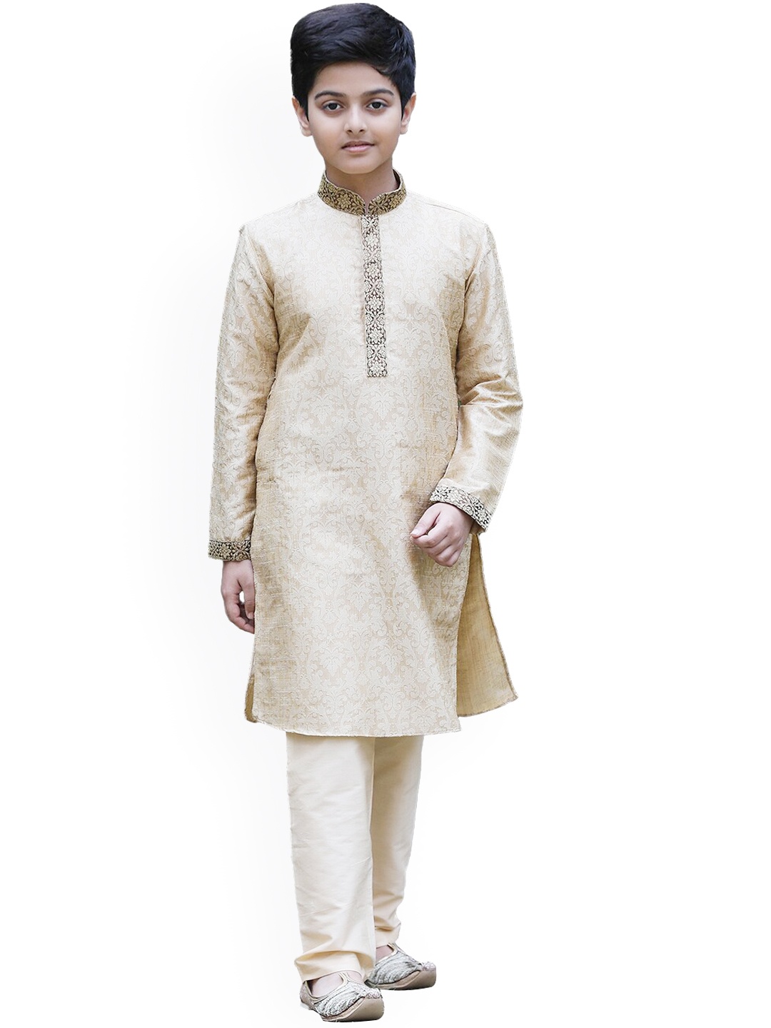 

Manyavar Boys Beige Mandarin Collar Woven Design Kurta with Pyjamas