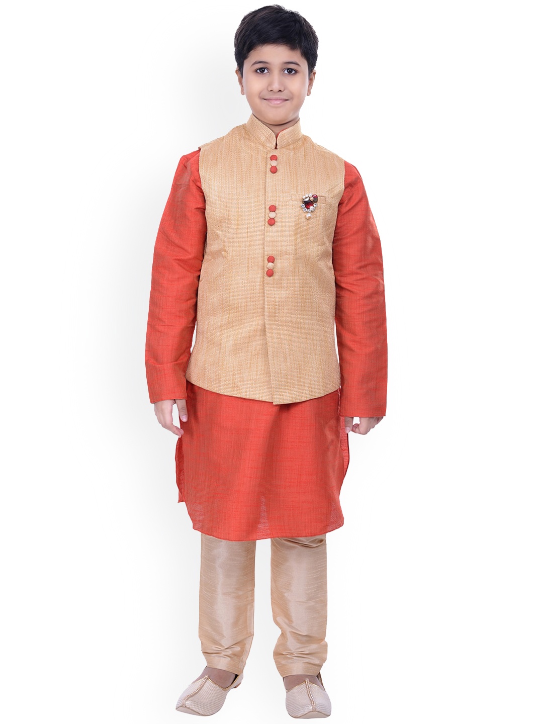 

Manyavar Boys Red Kurta and Churidar with Cream-Coloured Nehru Jacket