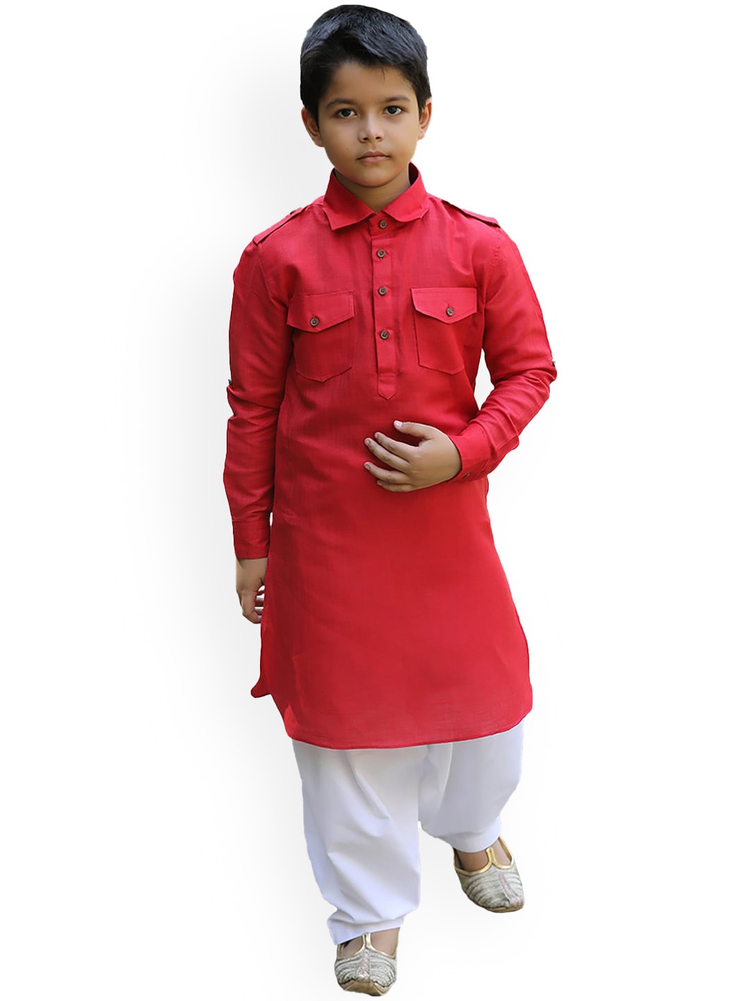 

Manyavar Boys Red Solid Pathani Kurta with Dhoti Pants