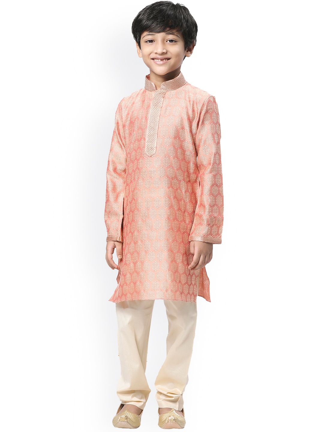 Manyavar Boys Coral & Cream-Coloured Ethnic Motifs Kurta with Churidar