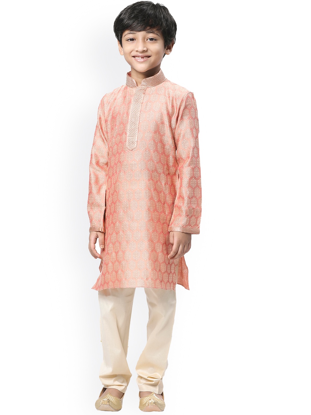 Manyavar Boys Coral Pink & Cream-Coloured Ethnic Motifs Kurta with Churidar