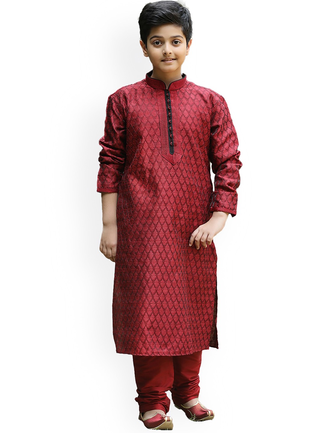 

Manyavar Boys Maroon Ethnic Motifs Woven Design Kurta with Churidar