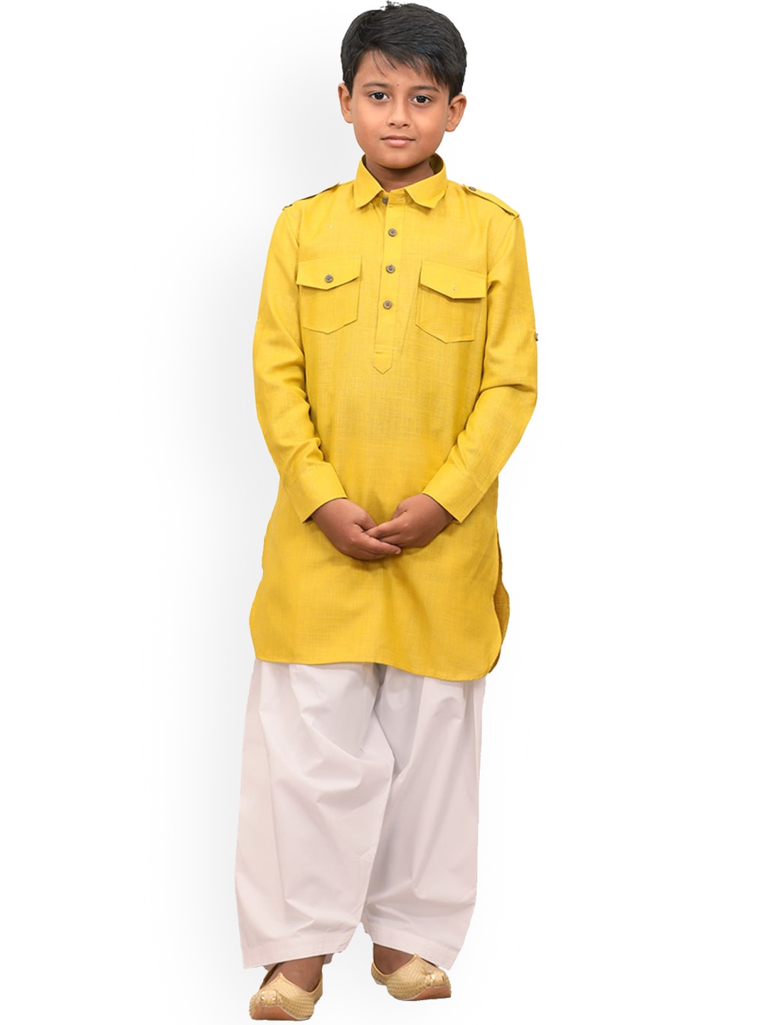 

Manyavar Boys Mustard Yellow Pathani Kurta with Dhoti Pants