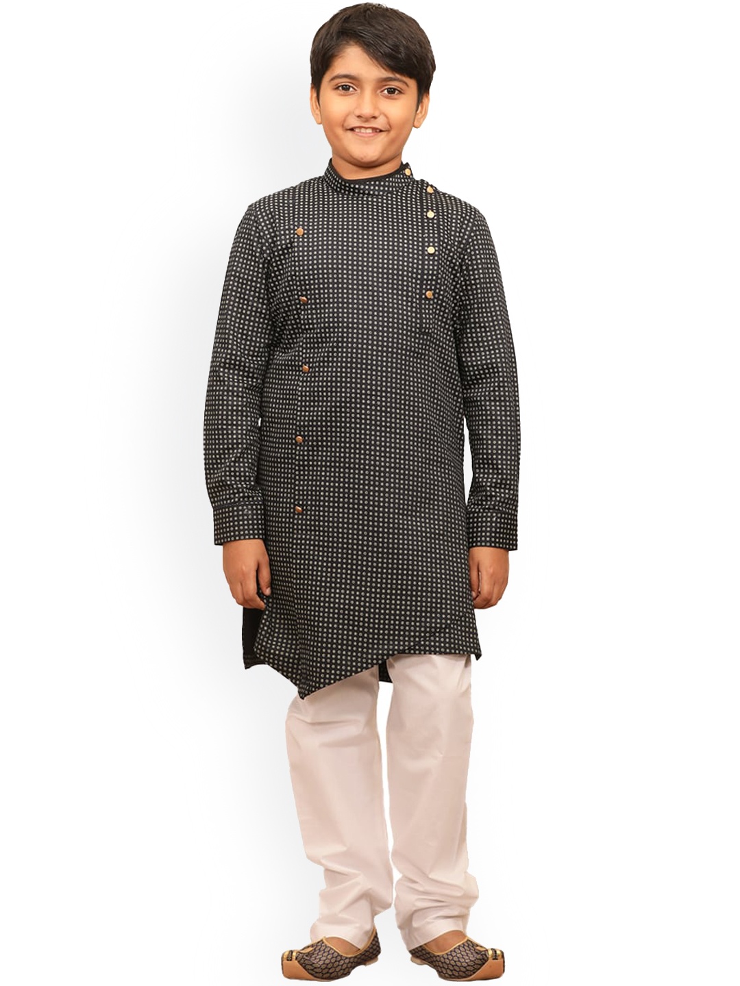 

Manyavar Boys Navy Blue Angrakha Kurta with Churidar