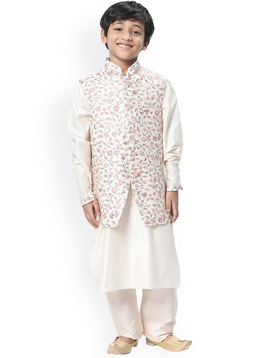 

Manyavar Boys Off White Solid Kurta and Pyjamas with Floral Printed Nehru Jacket