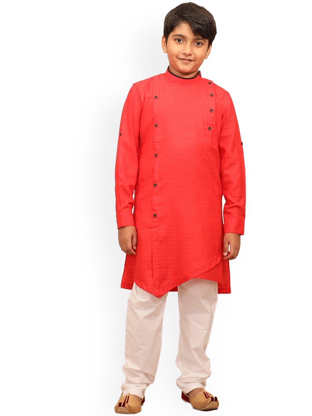 

Manyavar Boys Red Angrakha Kurta with Pyjamas