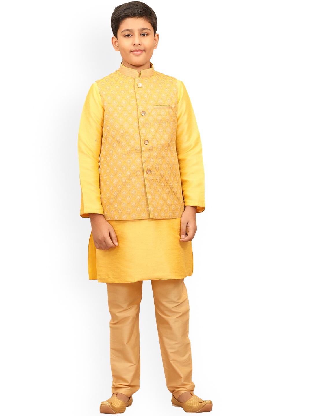 

Manyavar Boys Yellow Ethnic Motifs Layered Kurta with Churidar