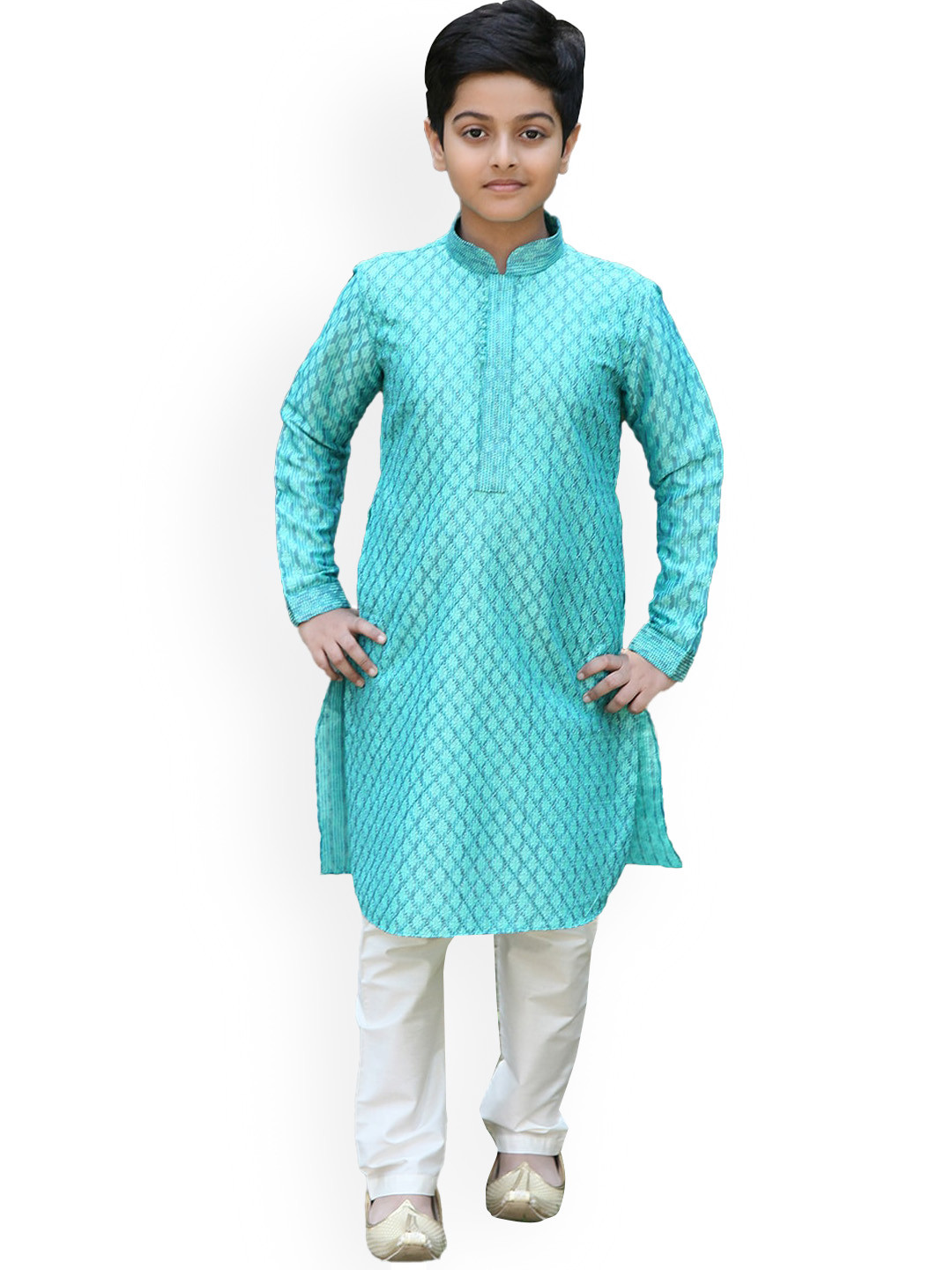 

Manyavar Boys Ethnic Motifs Woven Design Jacquard Kurta with Pyjamas, Green