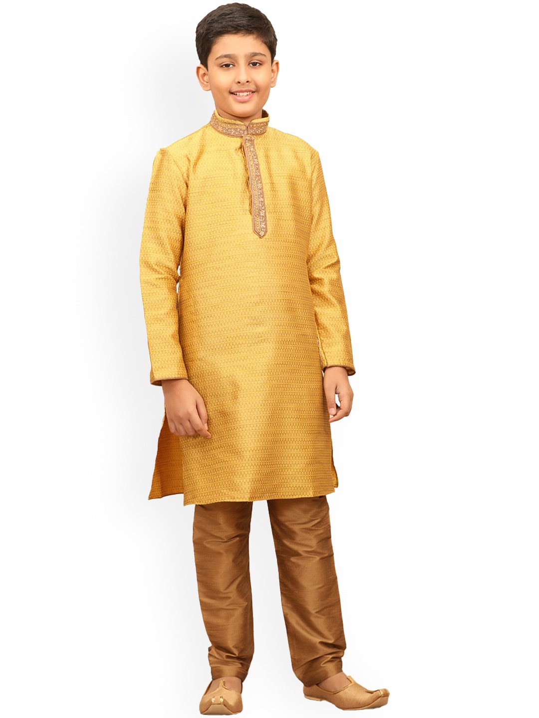 

Manyavar Boys Mustard Yellow Woven Design Kurta with Pyjamas