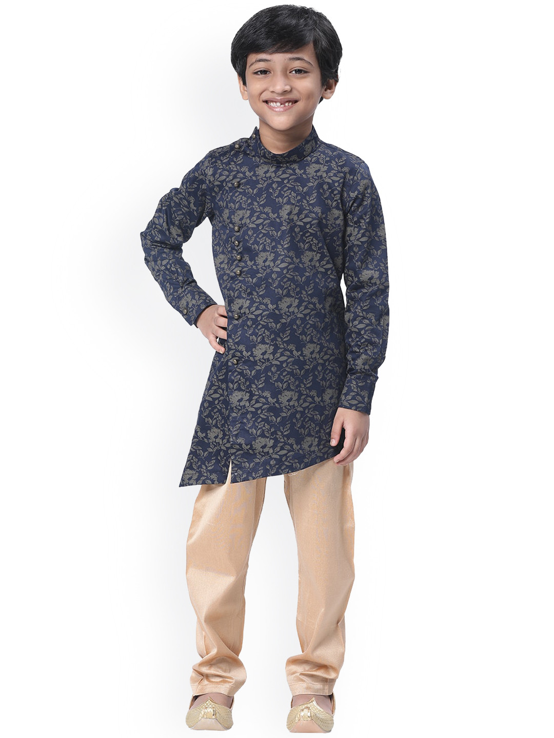 

Manyavar Boys Blue Floral Printed Angrakha Kurta with Churidar