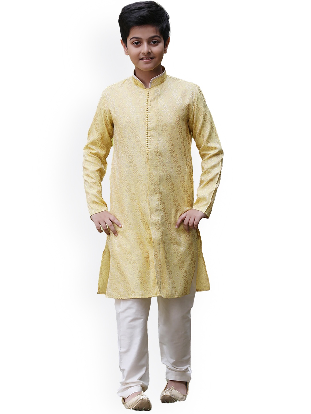

Manyavar Boys Yellow Woven Design Silk Blend Kurta Set