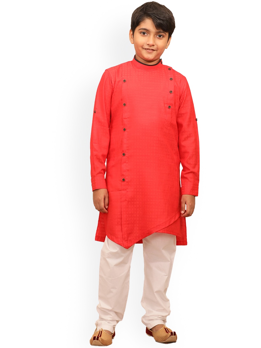 

Manyavar Boys Red Angrakha Kurta with Pyjamas