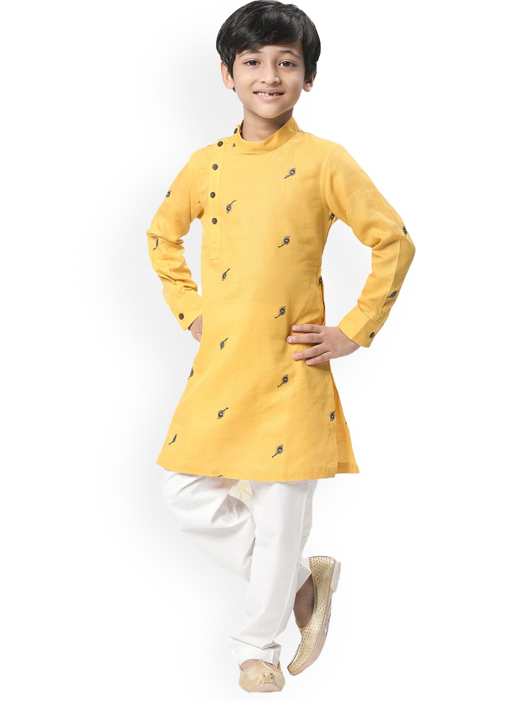 

Manyavar Boys Mustard Yellow Ethnic Motifs Embroidered Angrakha Kurta with Pyjamas