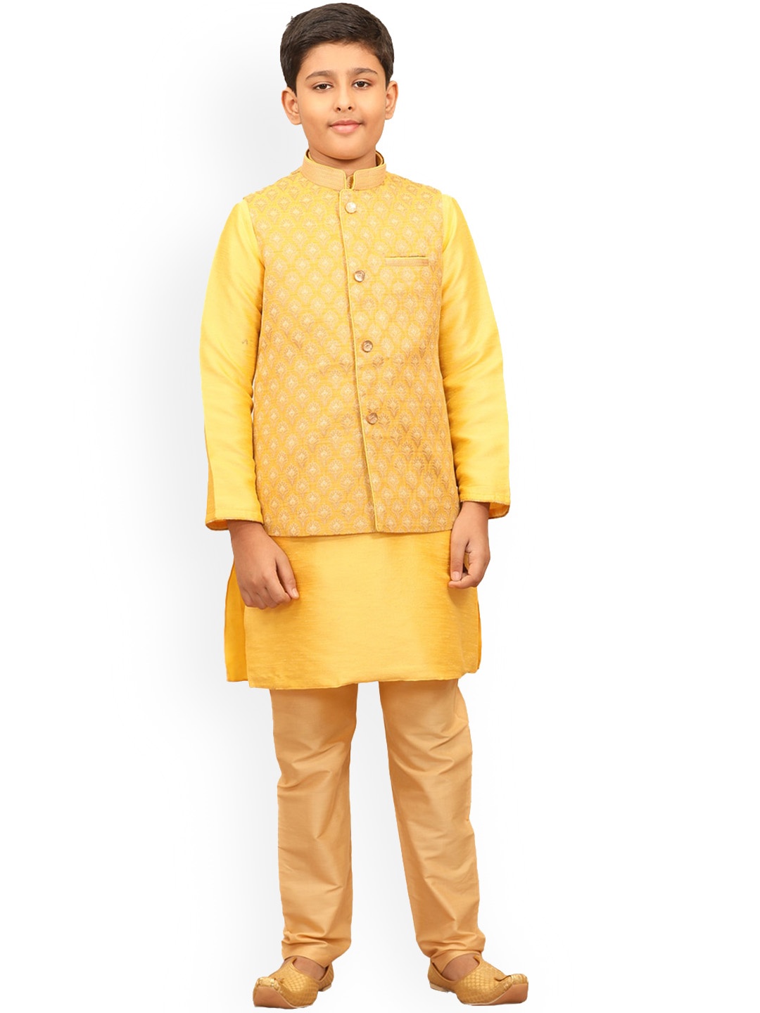 

Manyavar Boys Yellow Layered Kurta with Pyjamas with Nehru Jacket