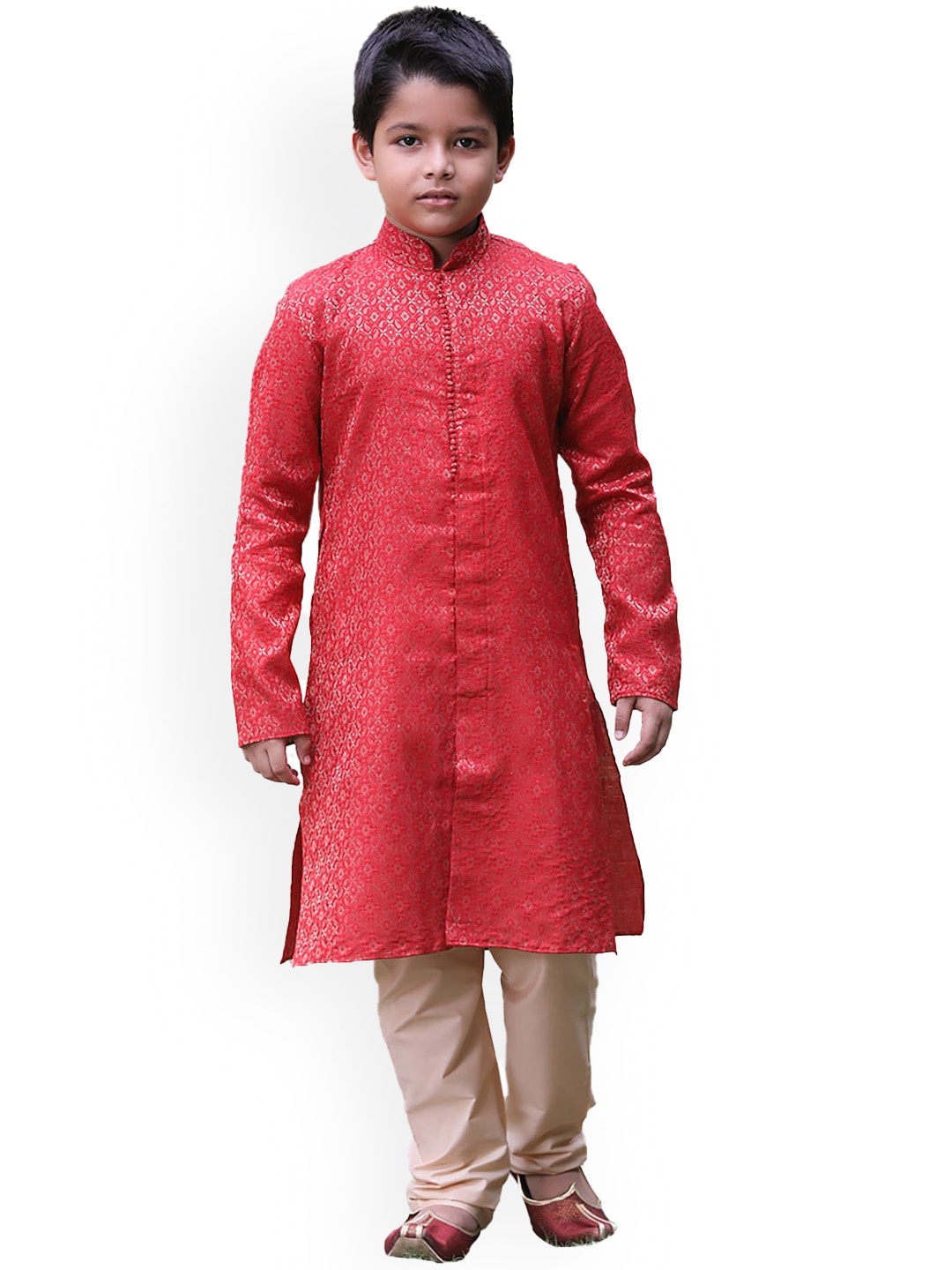 

Manyavar Boys Red Woven Design Silk Blend Kurta Set