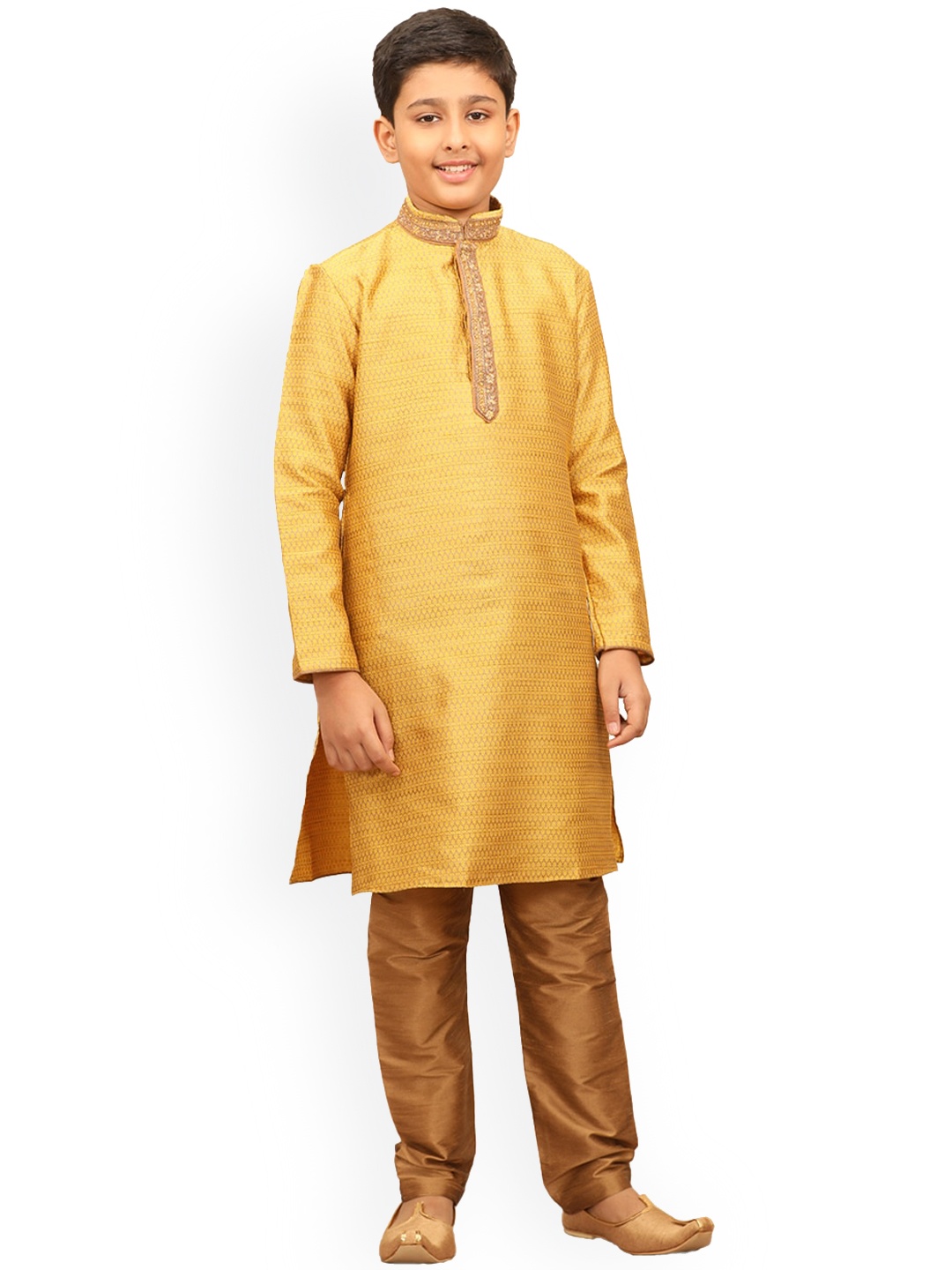 

Manyavar Boys Mustard Yellow Jacquard Kurta with Pyjamas
