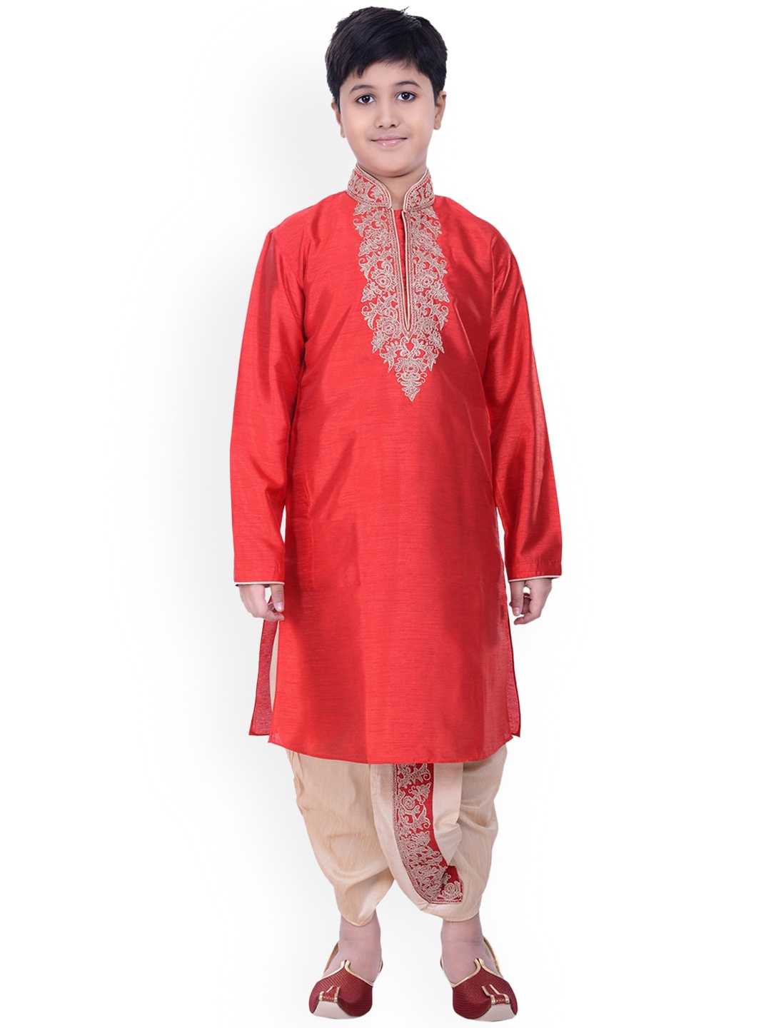 

Manyavar Boys Red Embroidered Kurta with Dhoti Pants