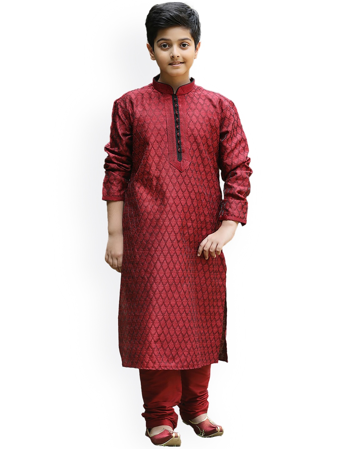 

Manyavar Boys Maroon Ethnic Motifs Woven Design Kurta with Churidar