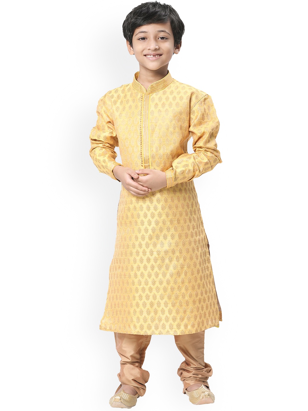 

Manyavar Boys Yellow Woven Design Kurta with Churidar