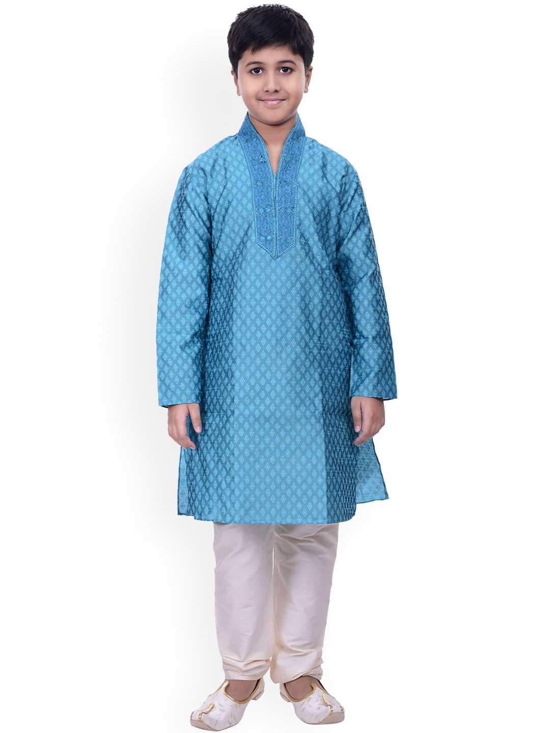 

Manyavar Boys Blue Ethnic Motifs Woven Design Kurta with Churidar