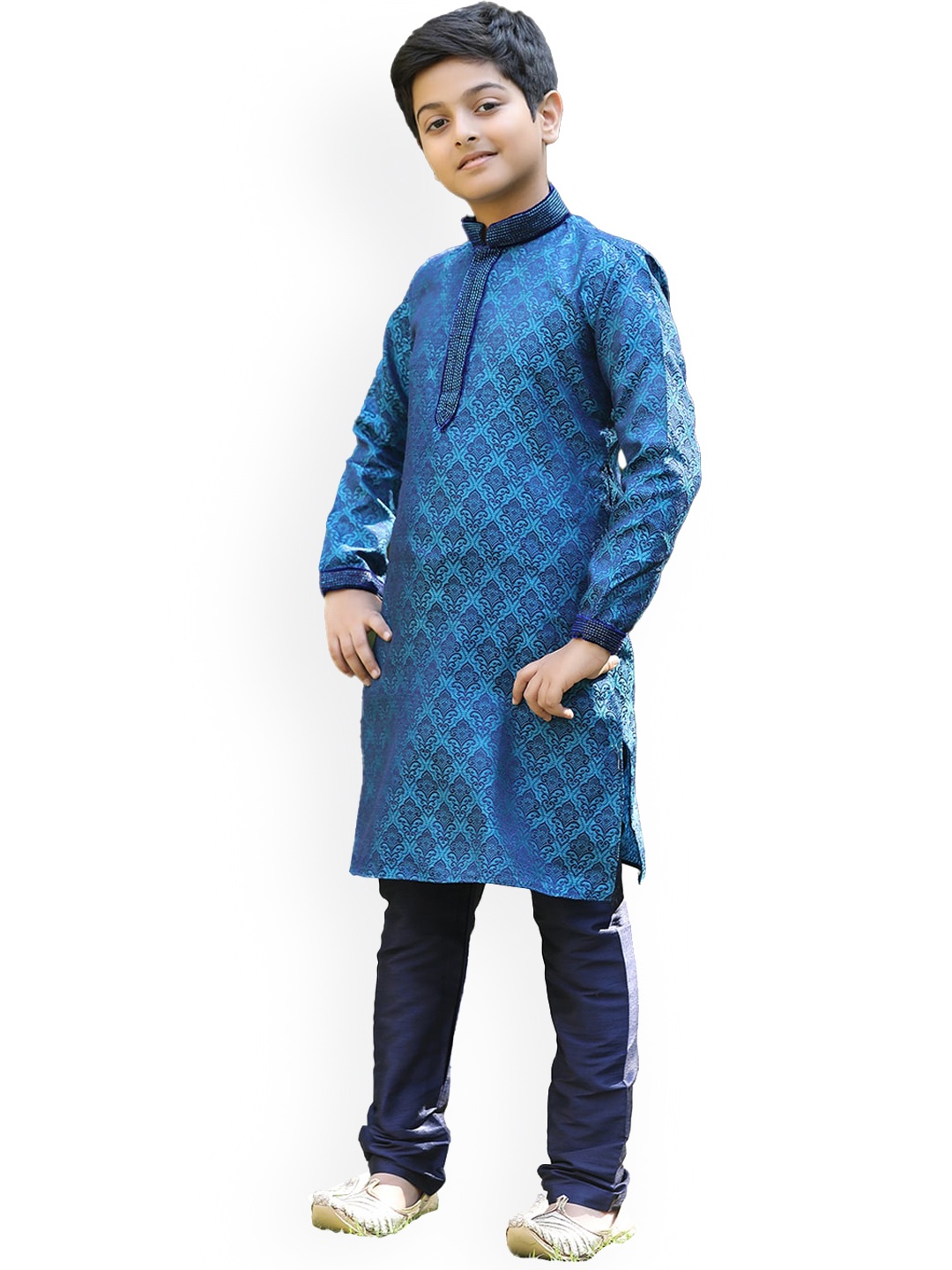 

Manyavar Boys Blue Ethnic Motifs Printed Jacquard Kurta with Churidar