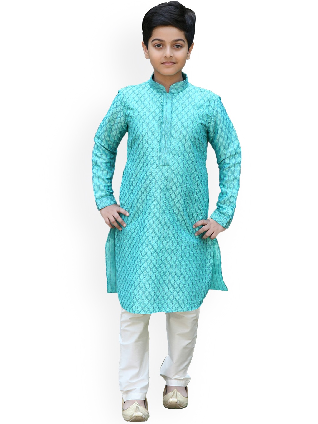 

Manyavar Boys Teal Ethnic Motifs Jacquard Kurta with Pyjamas, Green