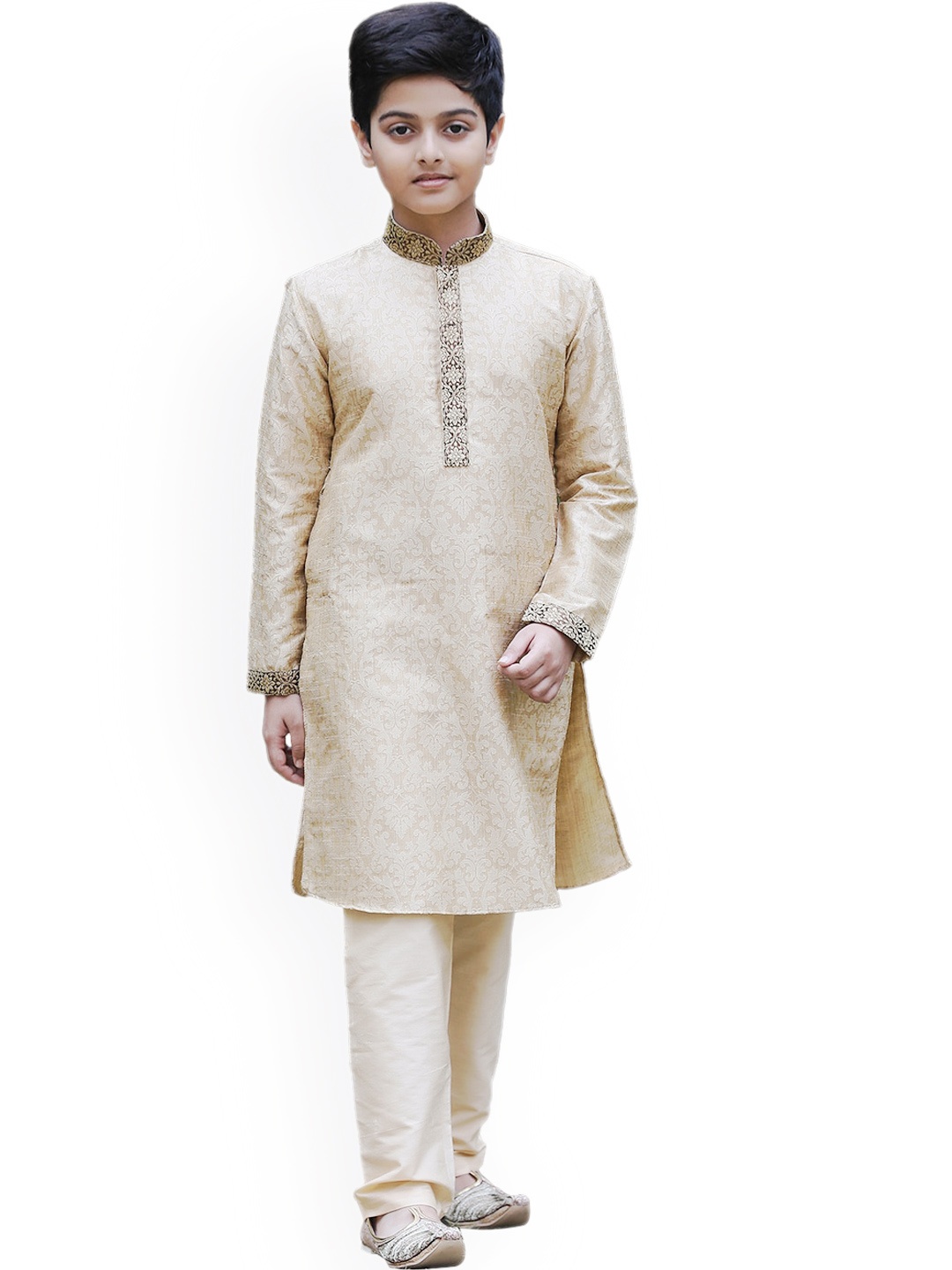 

Manyavar Boys Mandarin Collar Woven Design Kurta with Pyjamas, Beige