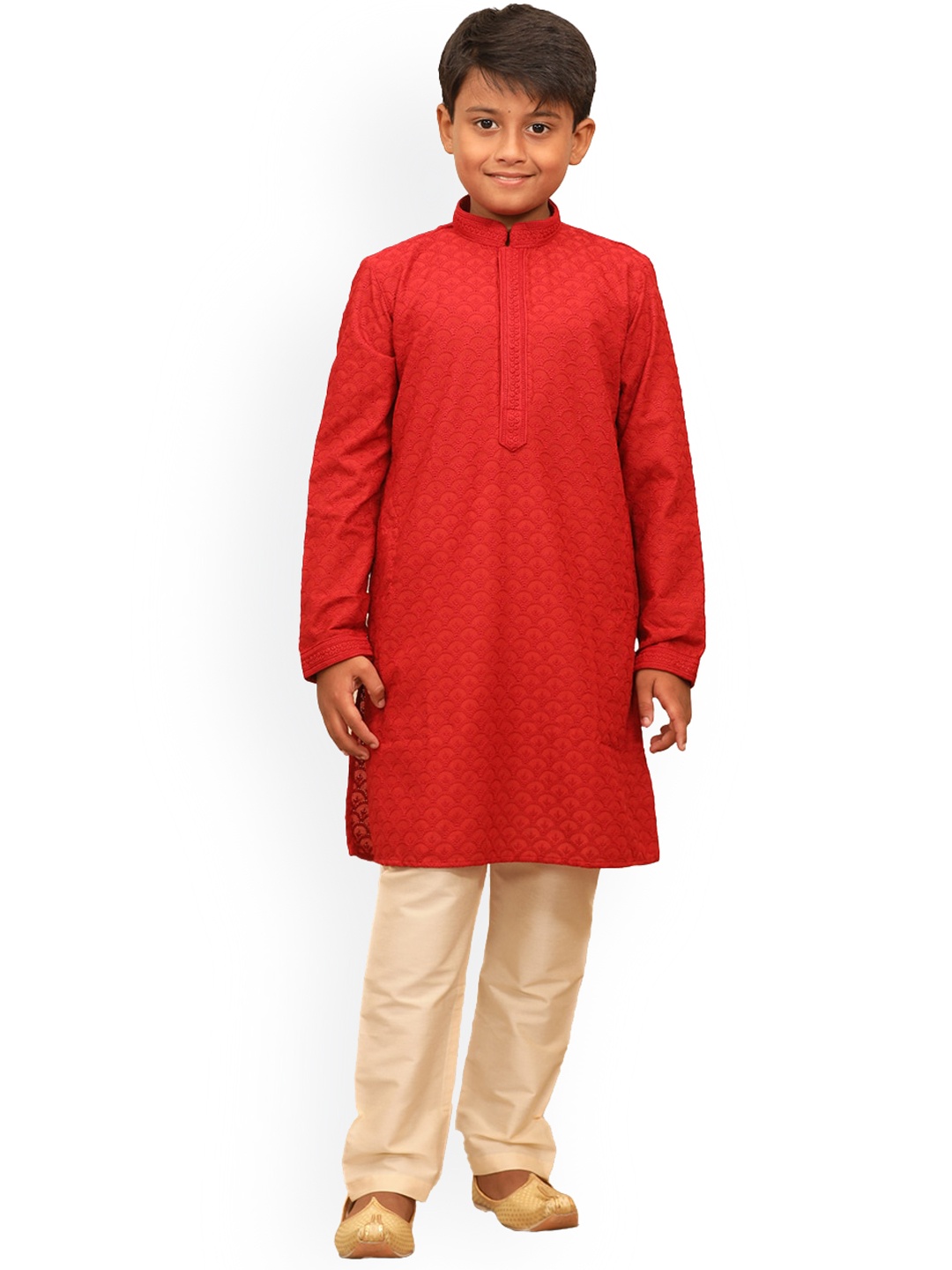 

Manyavar Boys Red Chikankari Embroidered Kurta with Pyjamas