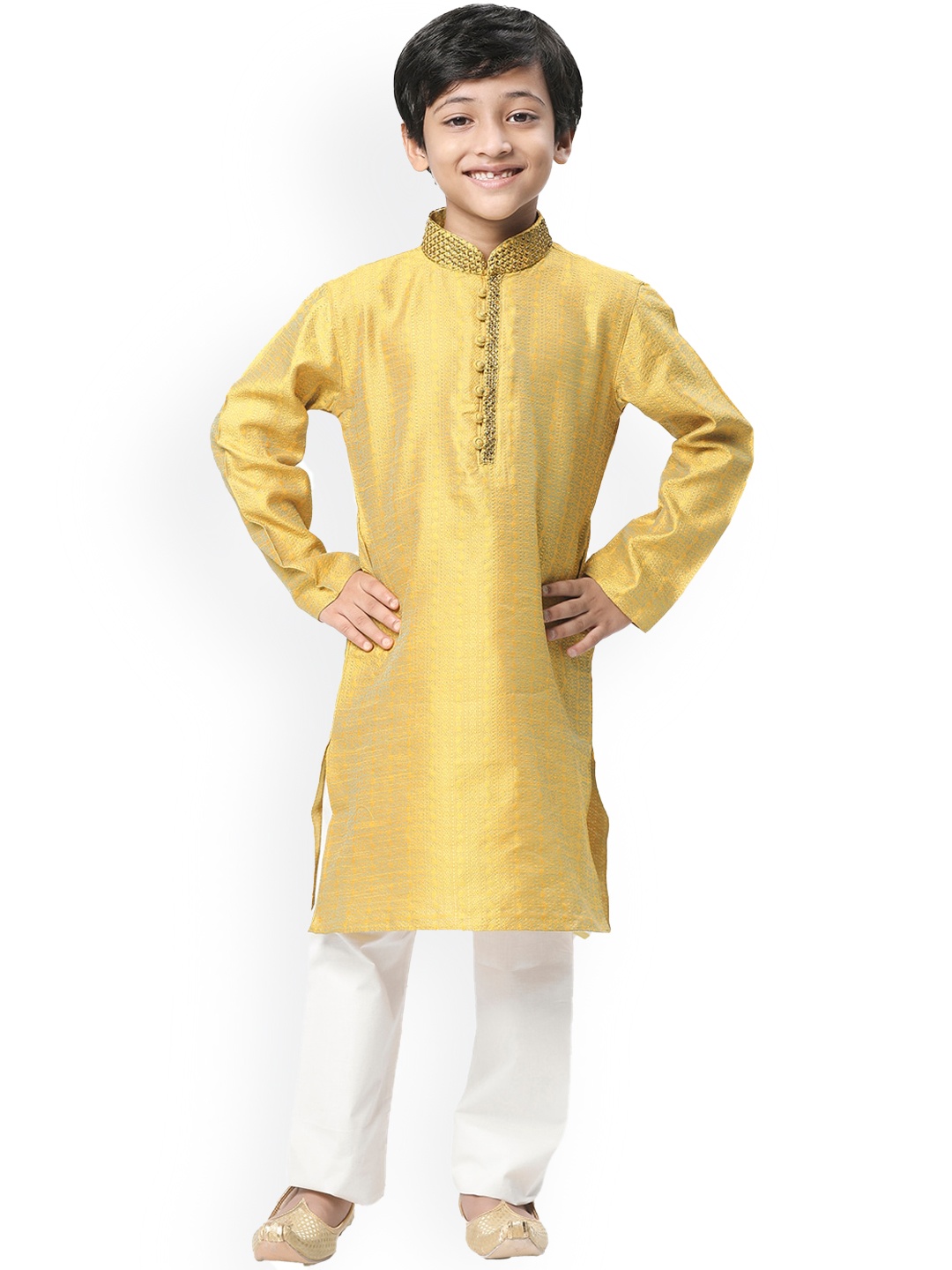 

Manyavar Boys Yellow Ethnic Motifs Woven Design Gotta Patti Kurta with Pyjamas