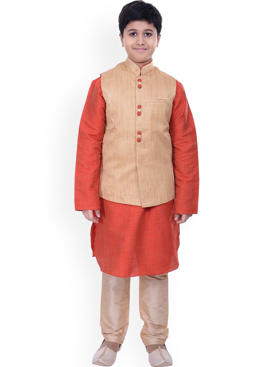 

Manyavar Boys Kurta With Churidar & Nehru Jacket, Cream