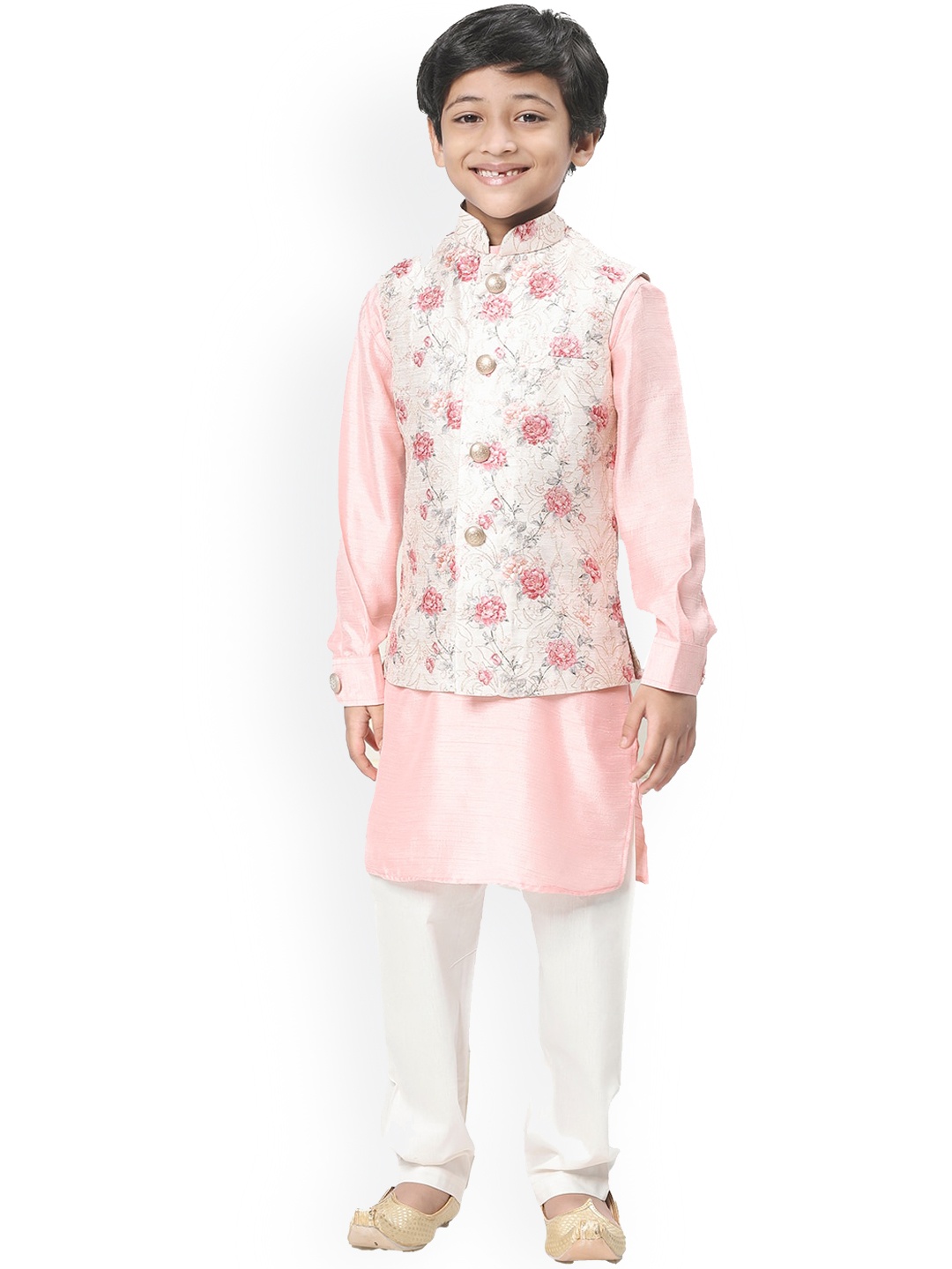 

Manyavar Boys Pink & White Art Silk Kurta and Pyjamas with Floral Nehru Jacket