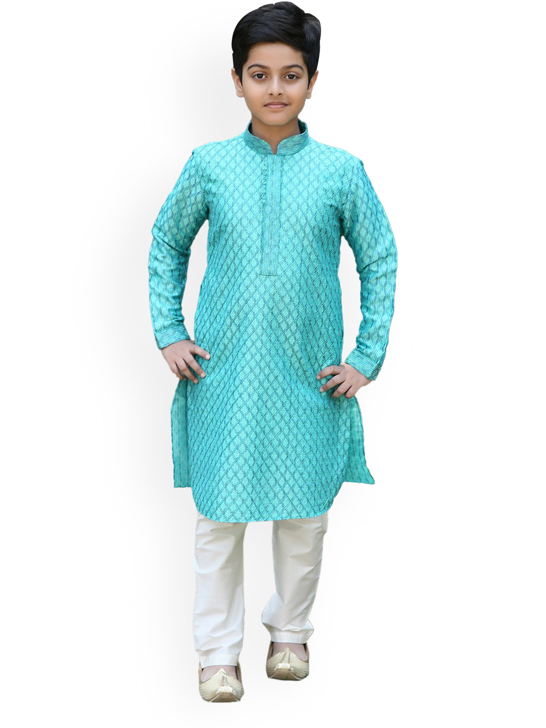 

Manyavar Boys Woven Design Art Silk Kurta Set, Green
