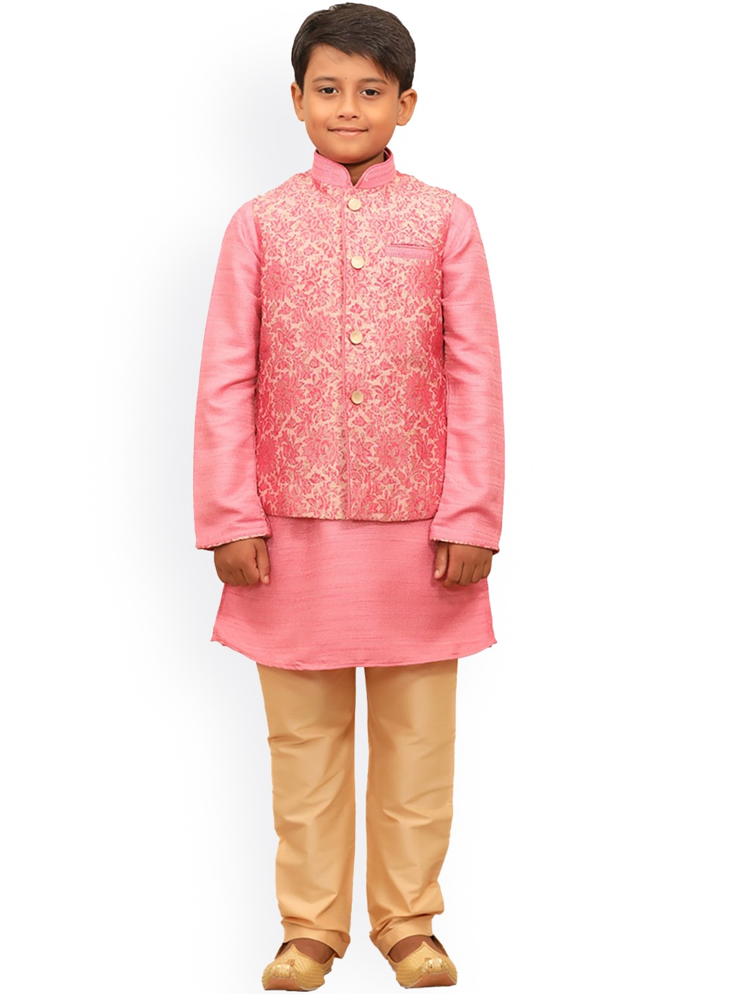 

Manyavar Boys Pink Solid Kurti with Churidar and Printed Nehru Jacket