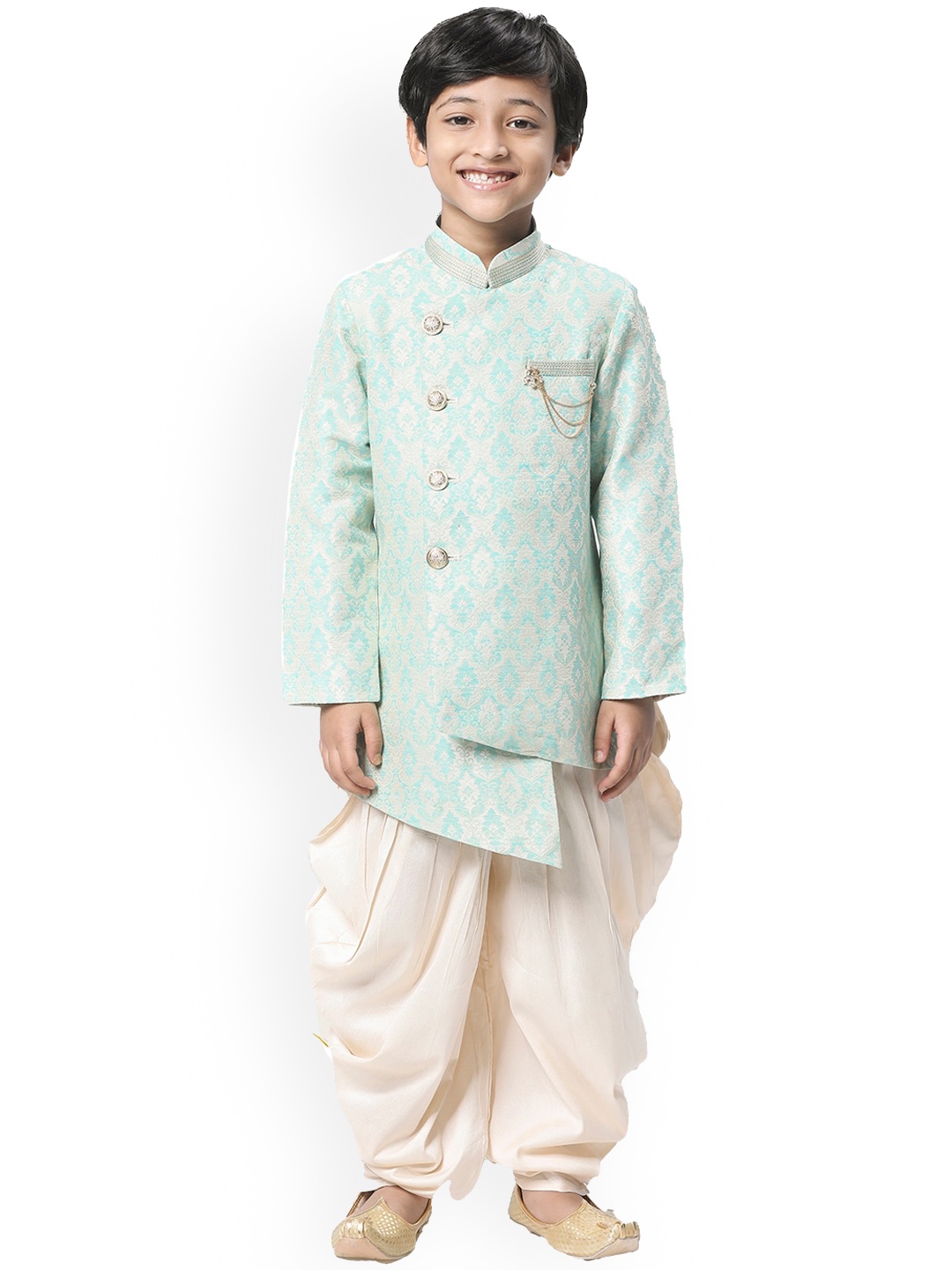 

Manyavar Boys Turquoise Blue Angrakha Semi Indo Western Kurta with Patiala set