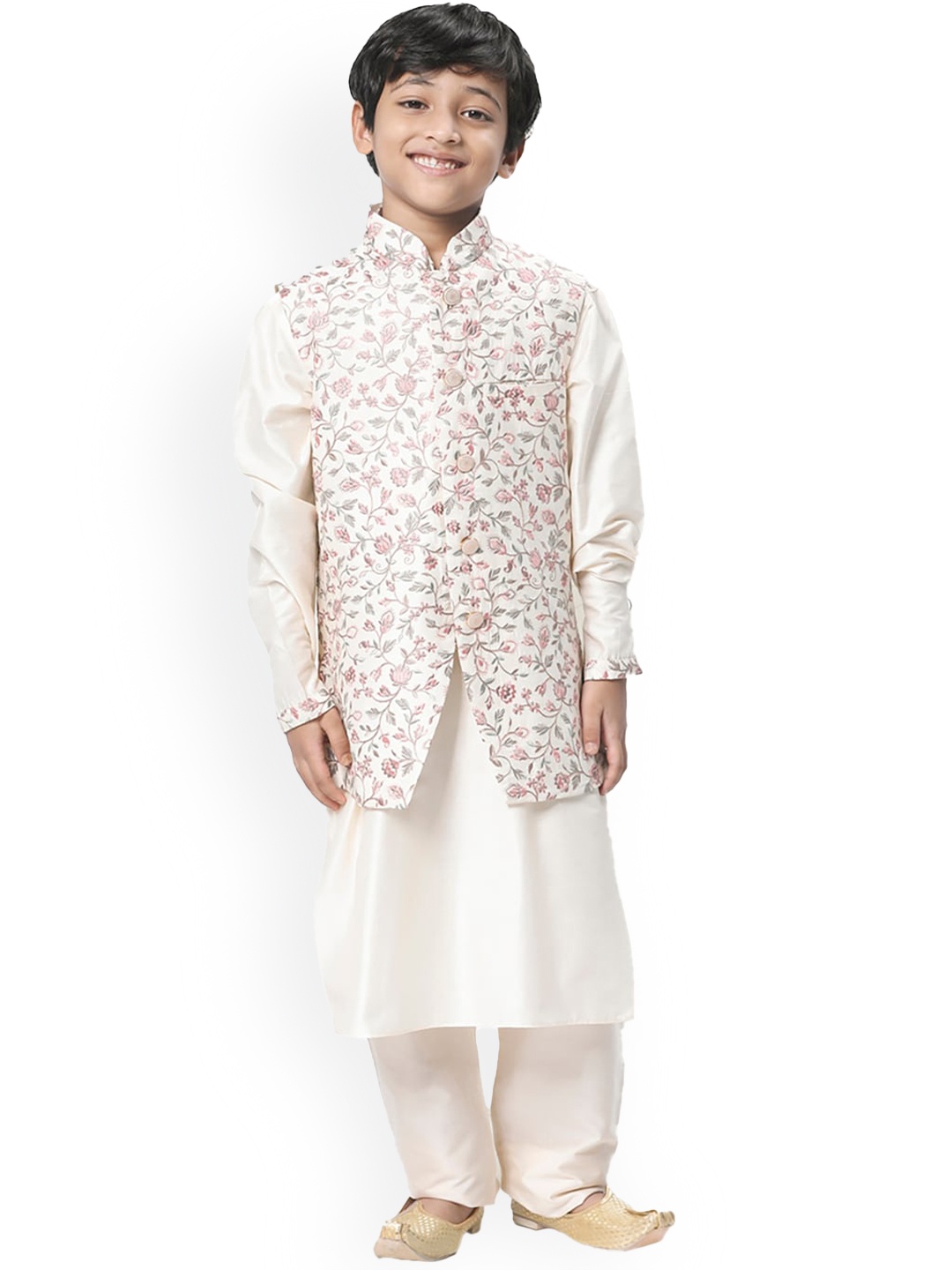 

Manyavar Boys Off White Layered Kurta with Churidar & Nehru JAcket